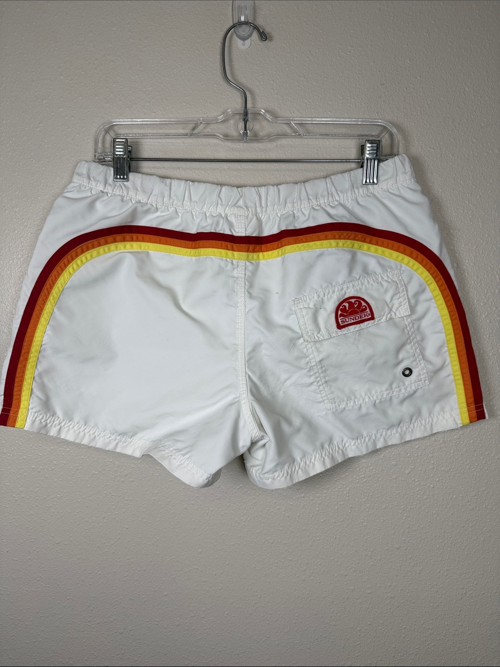 Vintage Y2K Sundeck Swim Trunks White Rainbow Stripe Zip Fly Nylon Shorts L Flaw